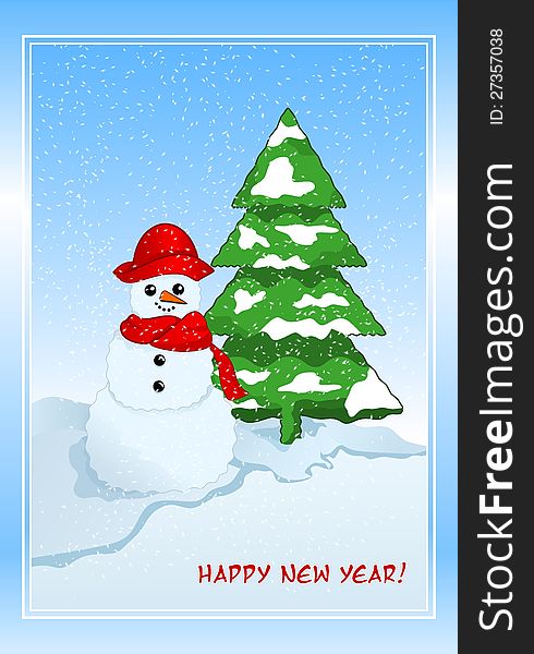 Winter greeting card with snowman and fir tree. Winter greeting card with snowman and fir tree