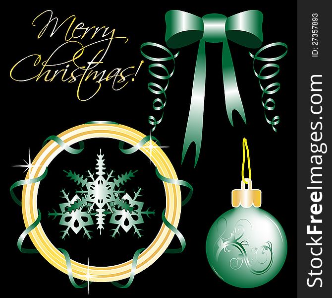 Vector set of Christmas ornaments and Christmas design elements isolated on black. Vector set of Christmas ornaments and Christmas design elements isolated on black