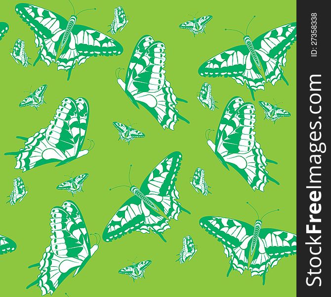 Vector seamless texture with a silhouette of butterflies on a green background without gradients and transparencies. Vector seamless texture with a silhouette of butterflies on a green background without gradients and transparencies