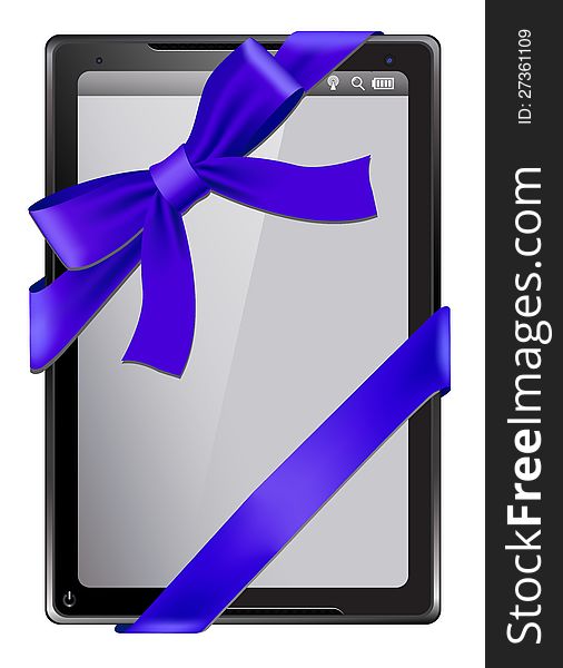 Digital tablet as a gift with a blue bow and a blank screen.