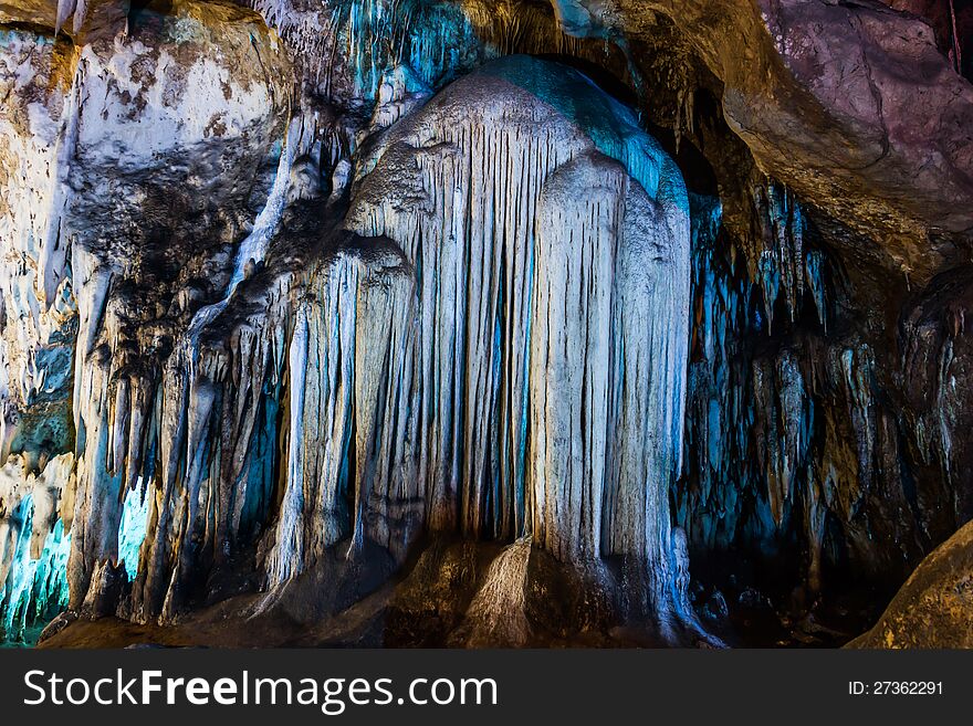 Stalagmites and stalactites in cavern at Ratchaburi.