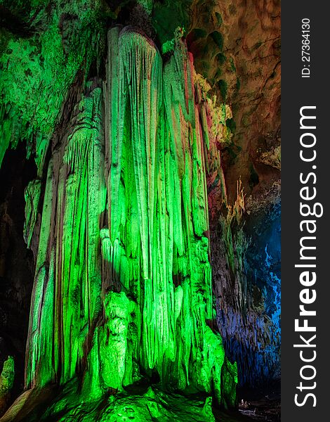 Stalagmites and stalactites in cavern at Ratchaburi.