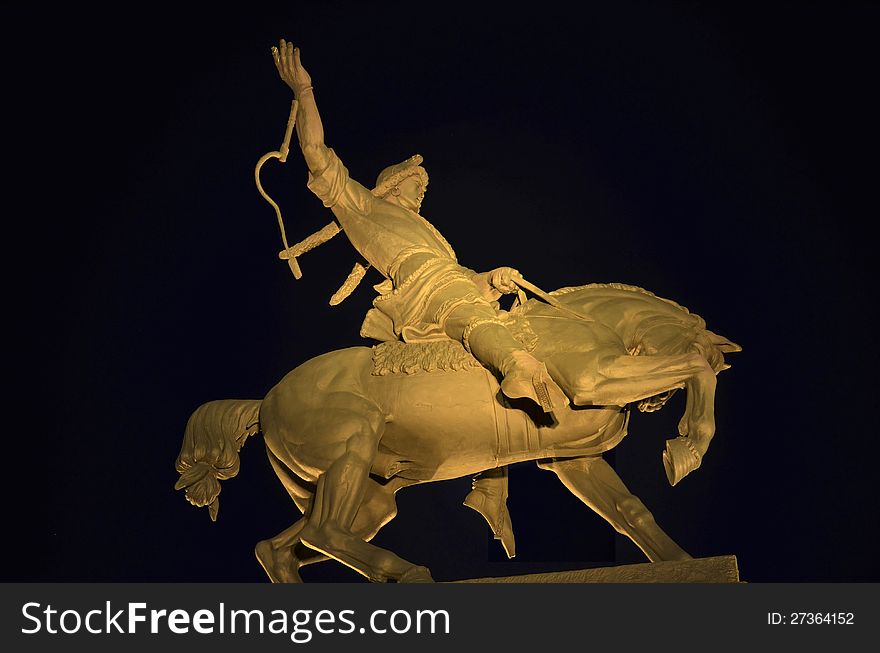 Monument to the Bashkir revolutionary hero Salavat Yulaev on the black background in the night. Monument to the Bashkir revolutionary hero Salavat Yulaev on the black background in the night