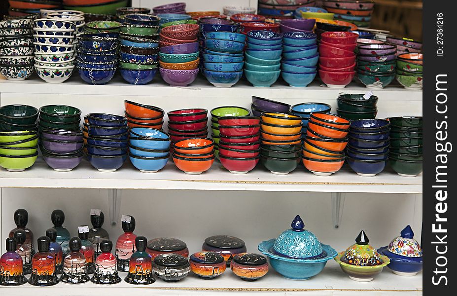 Traditional turkish souvenir bowls on a shelf. Traditional turkish souvenir bowls on a shelf