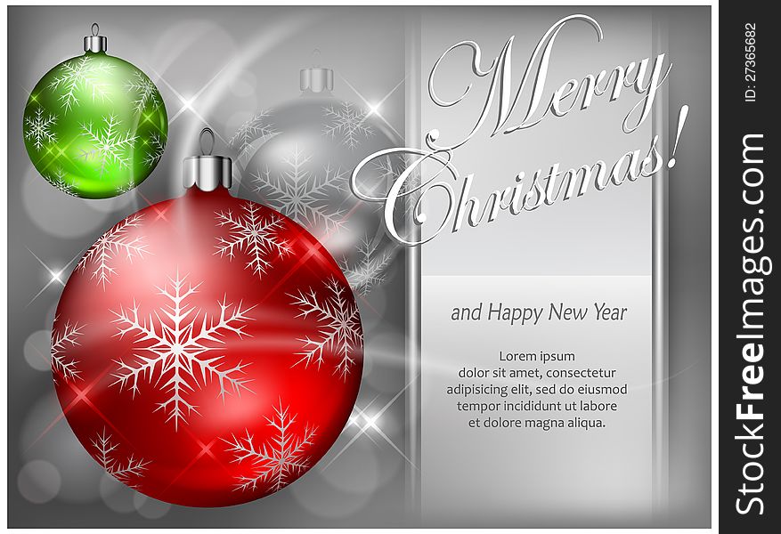 Christmas color baubles with snowflake & text, Christmas background, vector illustration
