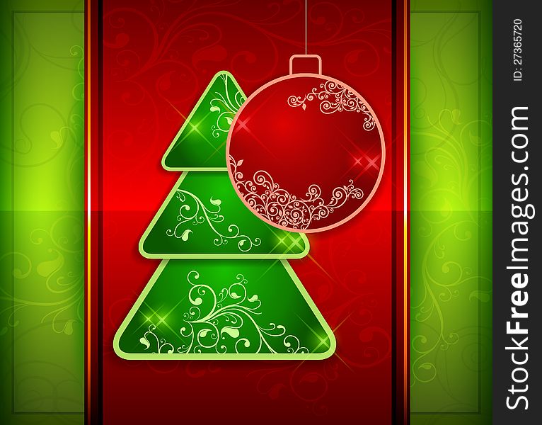 Balls and fir trees on red and green color background, vector illustration. Balls and fir trees on red and green color background, vector illustration