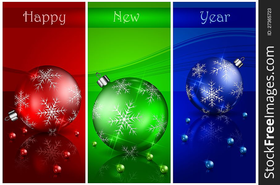 Three color Christmas background with balls and beads & text, vector illustration. Three color Christmas background with balls and beads & text, vector illustration