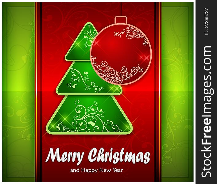 Balls and fir trees on red and green color background & text, vector illustration. Balls and fir trees on red and green color background & text, vector illustration