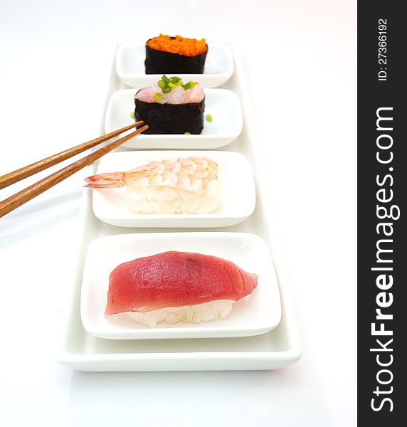 Sushi is Japanese food consisting of cooked vinegared rice combined with other ingredients  usually raw fish or other seafood. Sushi is Japanese food consisting of cooked vinegared rice combined with other ingredients  usually raw fish or other seafood.