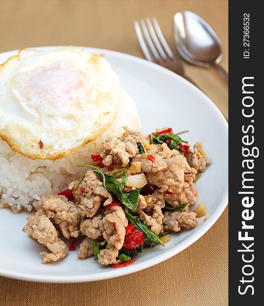 Spicy thai food fried basil leave with pork. Spicy thai food fried basil leave with pork