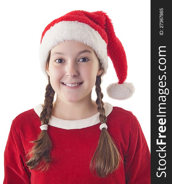 Beautiful girl dressed in Christmas clothes and red santa hat isolated on white background. Beautiful girl dressed in Christmas clothes and red santa hat isolated on white background