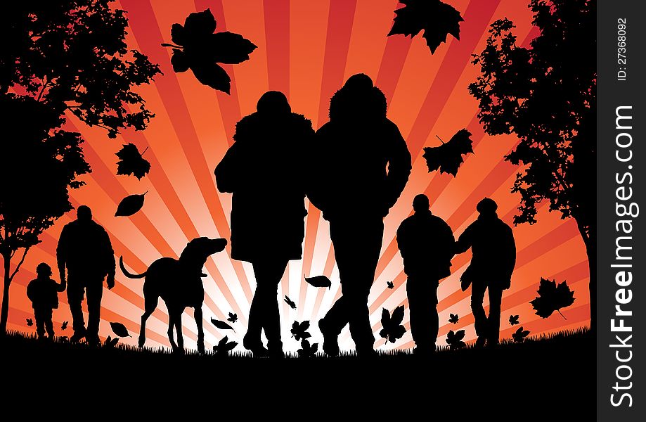 Vector illustration of a group of People walking in the Autumn Leaves. Vector illustration of a group of People walking in the Autumn Leaves