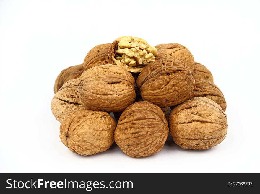 The walnut on the white background