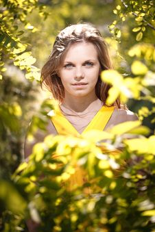 Beautiful Girl In A Yellow Dress On The Nature Royalty Free Stock Photo