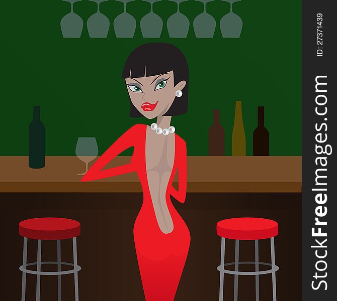 Woman in red standing near the bar