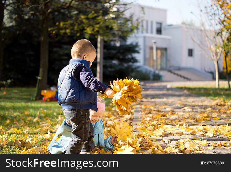 Young Children Gathering in Leaves in Autumn Park