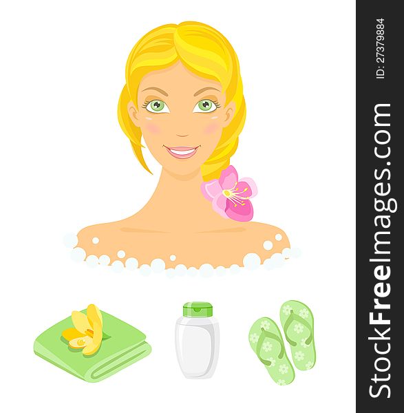 Sauna girl and beauty care icons. Editable vector set