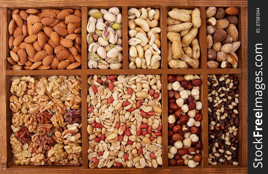 Background of Various Nuts in Wooden Box closeup. Background of Various Nuts in Wooden Box closeup