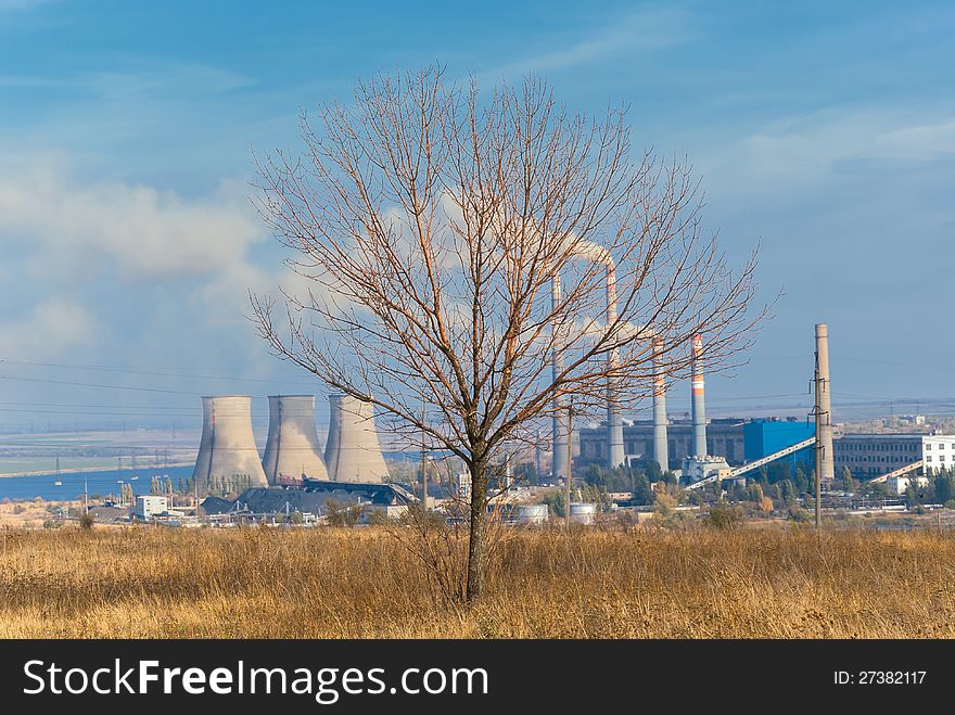 Dry tree against power plant with smoke pipes