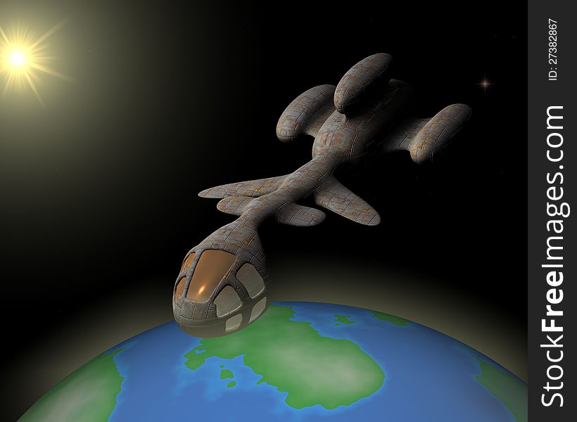 Spacescape With Sun, Earth and Spaceship. Spacescape With Sun, Earth and Spaceship