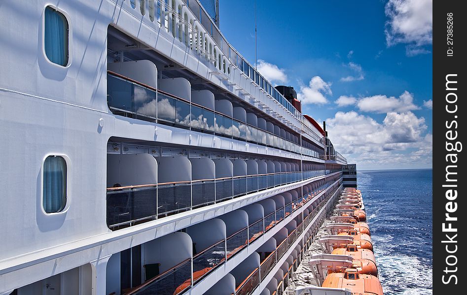 Balcony cabins on a cruise ship at sea