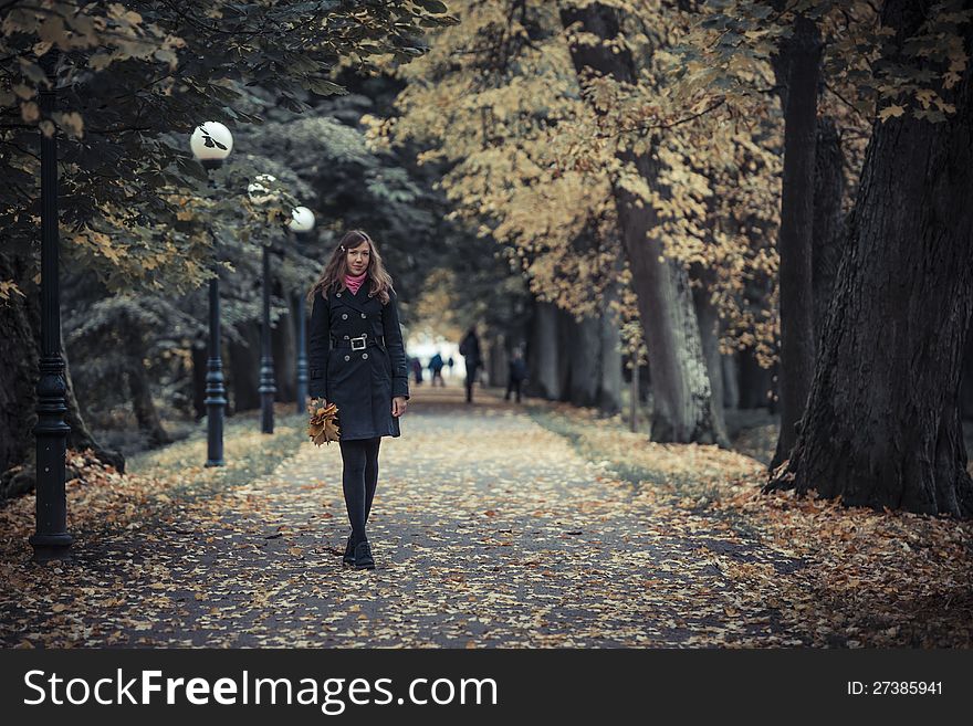 Girl posing on the road with lanterns in the park holding a bunch of leaves. Girl posing on the road with lanterns in the park holding a bunch of leaves