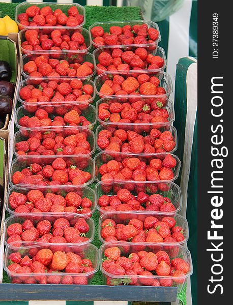 A Display of Strawberries on a Greengrocers Stall. A Display of Strawberries on a Greengrocers Stall.