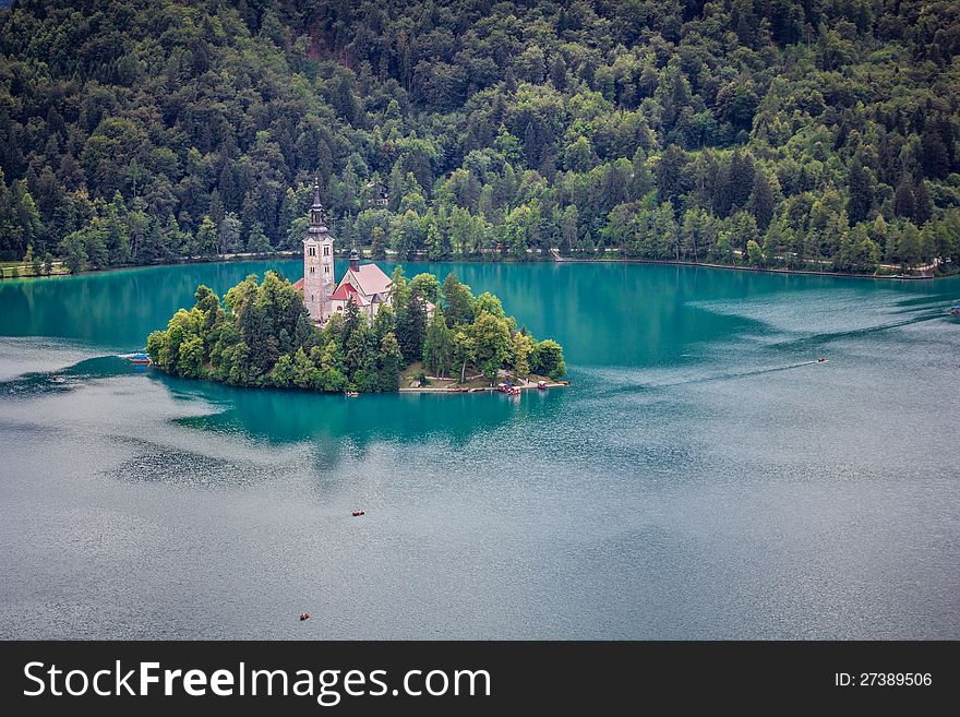 View of Bled Island from Bled Castle, Lake Bled, Slovenia. Lake Bled is a glacial lake in the Julian Alps in northwestern Slovenia.