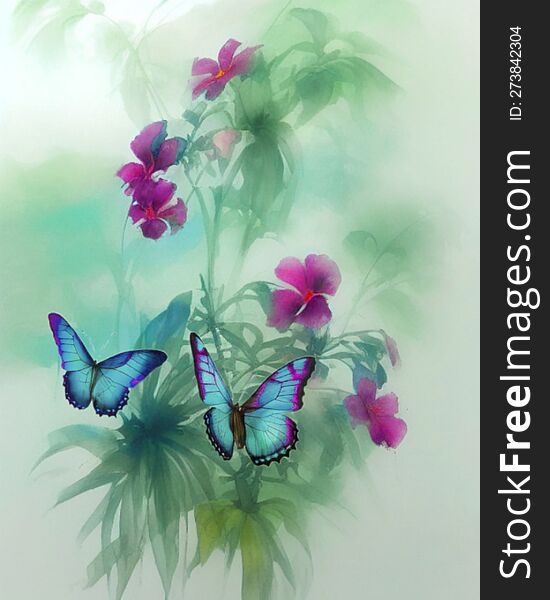 Abstract watercolor flowers, flying butterflies