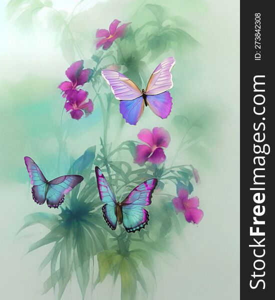Colorful butterflies, watercolor bright flowers