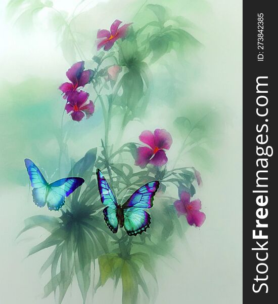 Beautiful watercolor Flowers , colorful Butterflies