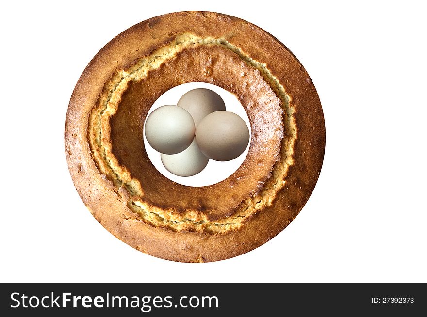 Cake and eggs isolated on a white background