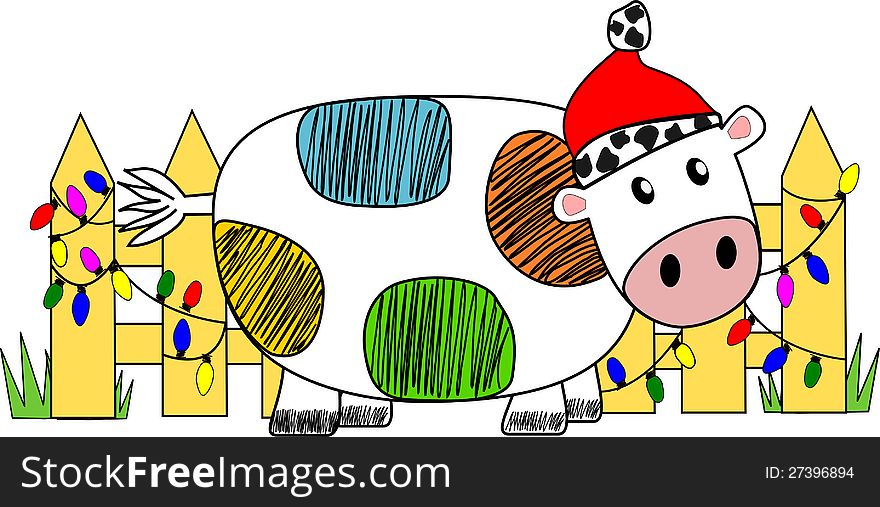 Cheerful cow decorates for the holidays. Cheerful cow decorates for the holidays