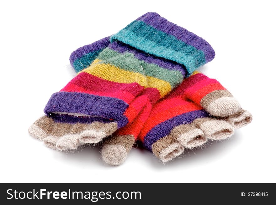 Pair of Rainbow Striped Gloves with Fingers on white background