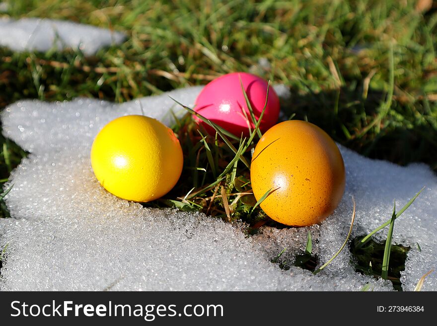 Early spring and Easter eggs. The snow seems to be melting from the heat of Easter eggs. Green grass is already appearing under th
