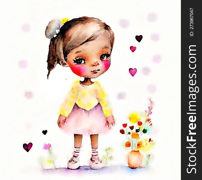 cute sweet girl with hearts and flowers in watercolor