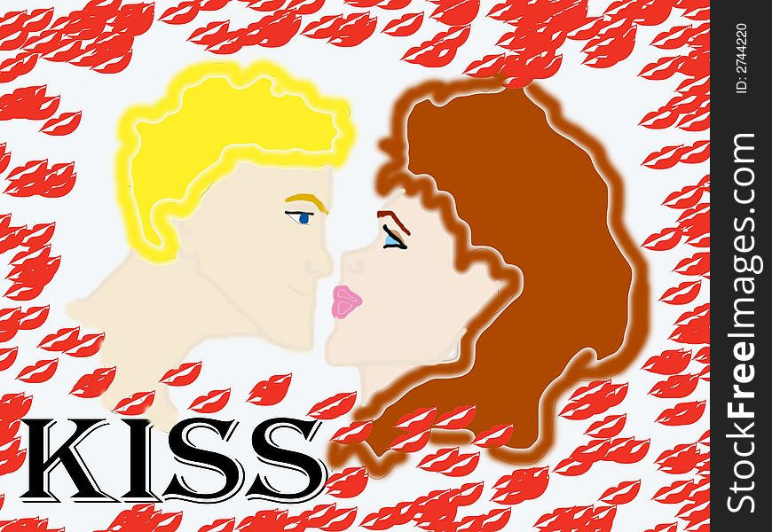 Graphical illustration of one woman a one man with many kisses