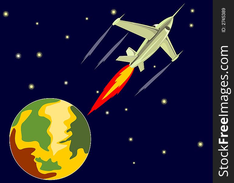 Vector art of a Retro style fighter jet rocketing out from earth