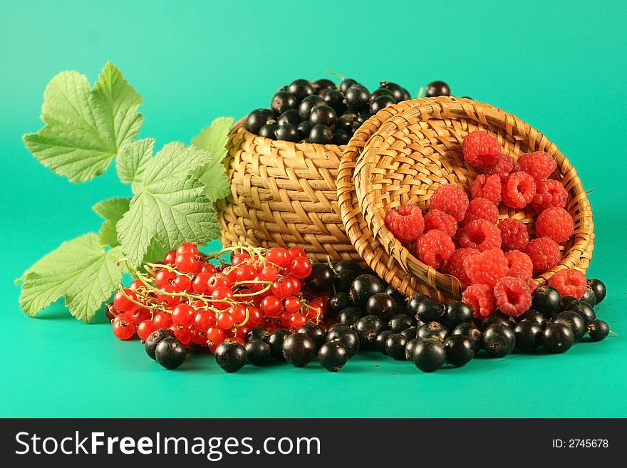 Berries of a red currant, a black currant and raspberry in a basket. Berries of a red currant, a black currant and raspberry in a basket.