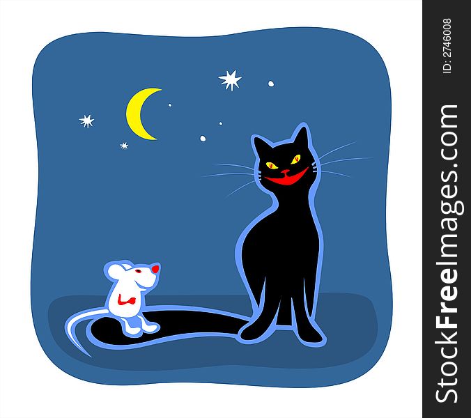 Black cat and the white mouse on a dark blue background. Black cat and the white mouse on a dark blue background.