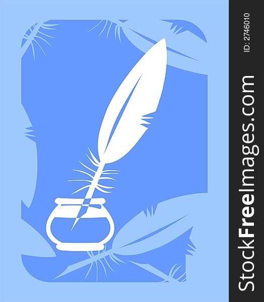 Feather in an inkwell on a blue decorative background. Feather in an inkwell on a blue decorative background.