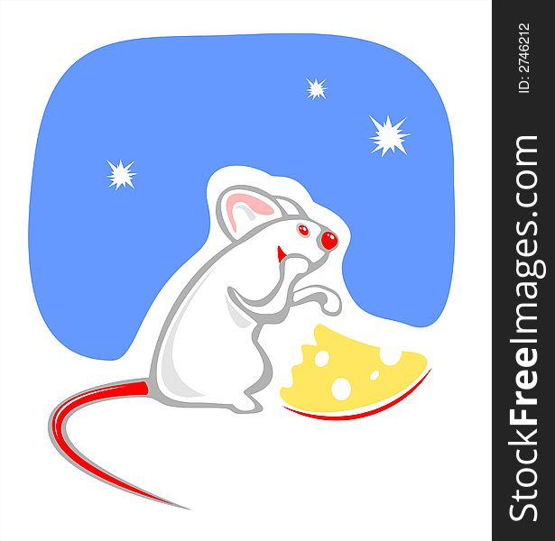 The white mousy eats cheese on a background of the star sky. The white mousy eats cheese on a background of the star sky.
