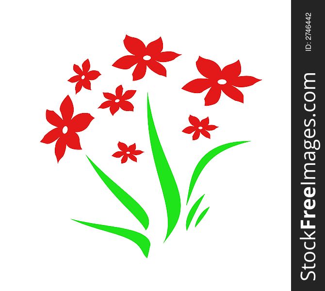 Red flowers with green leaves  on  white background. Red flowers with green leaves  on  white background