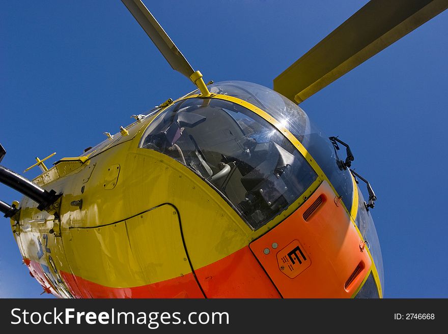 A rescue helicopter from below