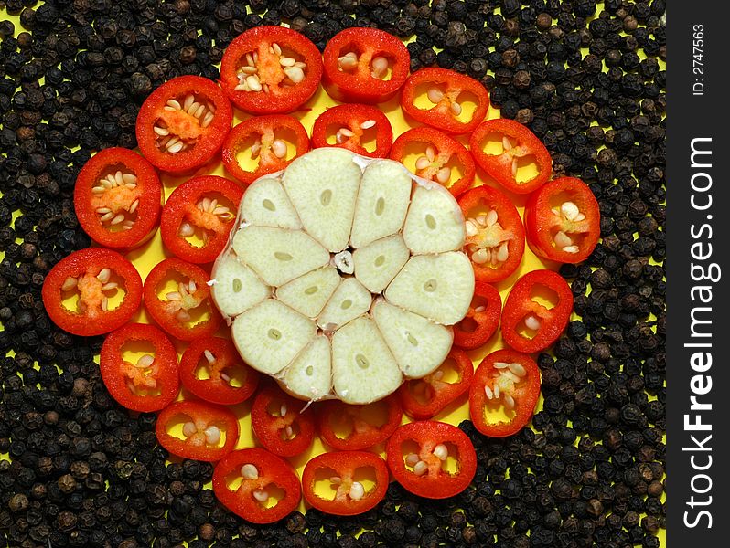 Red and black pepper and garlic 2. Red and black pepper and garlic 2