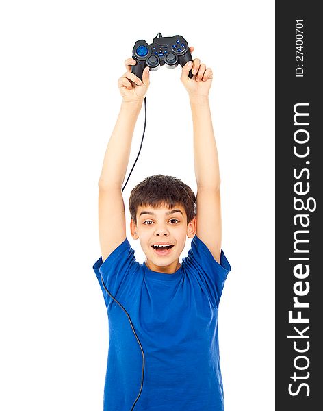 Happy boy with a joystick isolated on white background