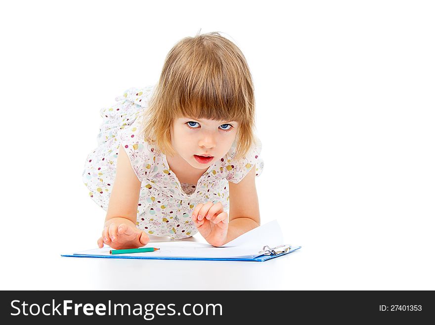 Beautiful girl paints on paper isolated on white background