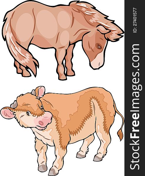 The illustration shows the farm animals. Small calf and ponies on separate layers. The illustration shows the farm animals. Small calf and ponies on separate layers.