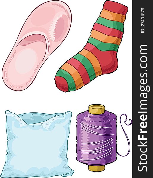 The illustration below shows some of the products from the tissue. Pillowcase on the pillow, slippers, thread, sock on separate layers. The illustration below shows some of the products from the tissue. Pillowcase on the pillow, slippers, thread, sock on separate layers.
