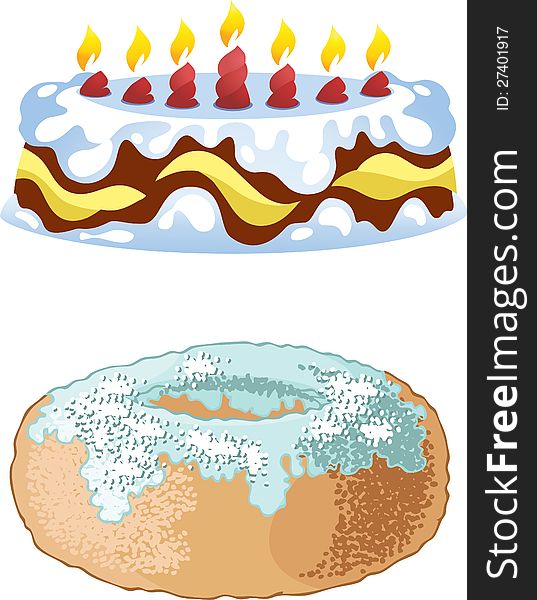 The illustration shows a cake with candles and a sweet donut on separate layers. The illustration shows a cake with candles and a sweet donut on separate layers.